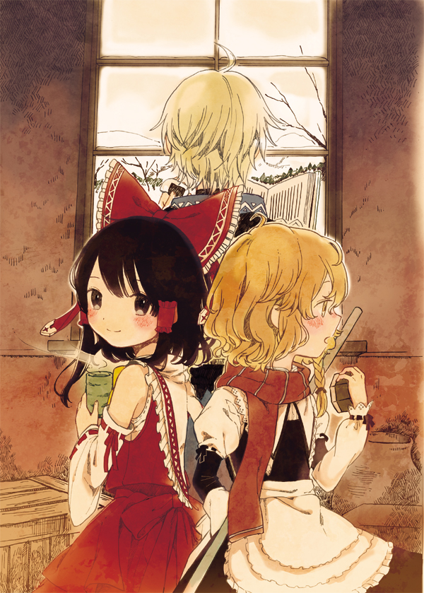 hakurei reimu, kirisame marisa, and morichika rinnosuke (touhou and 1 more) drawn by okari