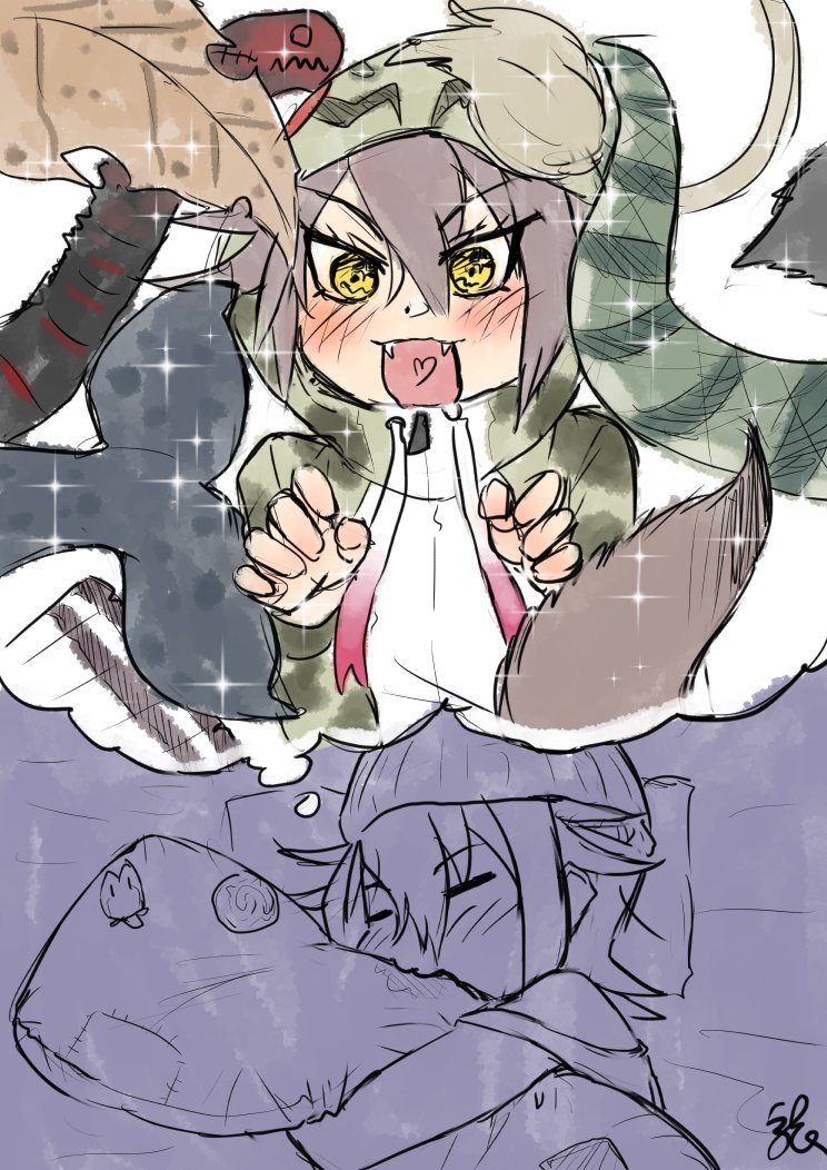 godzilla, narwhal, northern goshawk, okinawa habu, and baweng satanic leaf gecko (kemono friends and 3 more) drawn by kishida_shiki