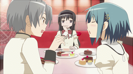 akemi homura, miki sayaka, and kamijou kyousuke (mahou shoujo madoka magica) drawn by hangaku