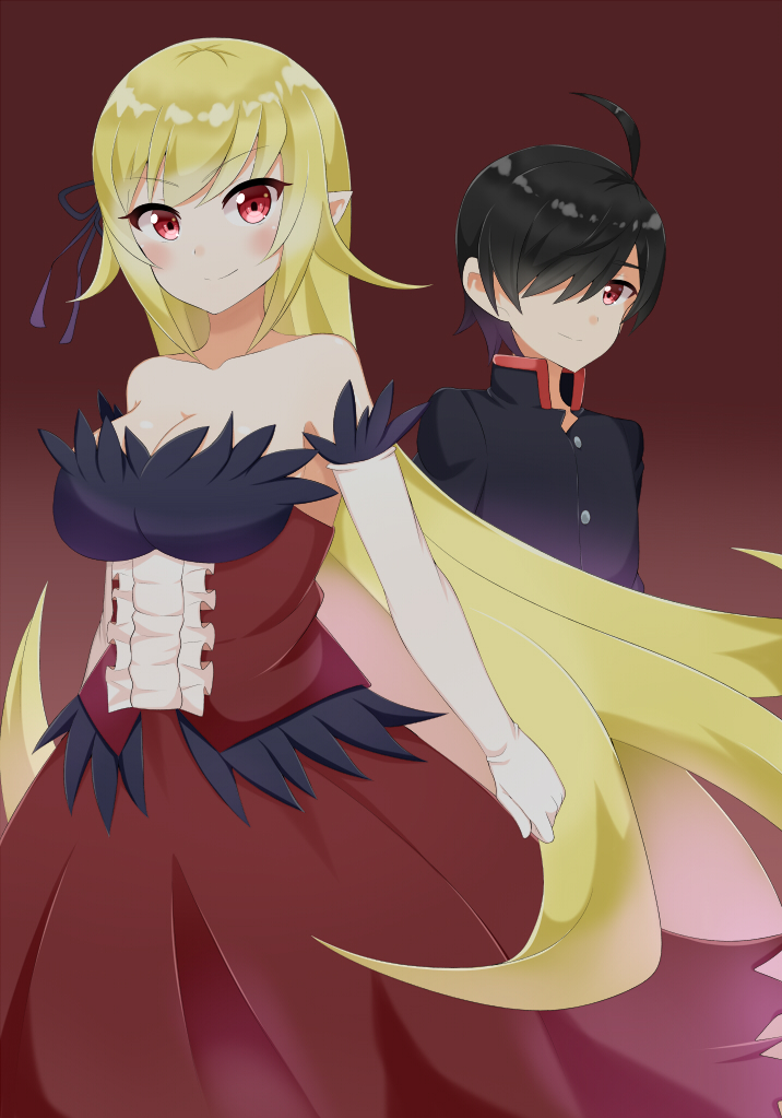 oshino shinobu, araragi koyomi, and kiss-shot acerola-orion heart-under-blade (monogatari and 1 more) drawn by yamae_saki