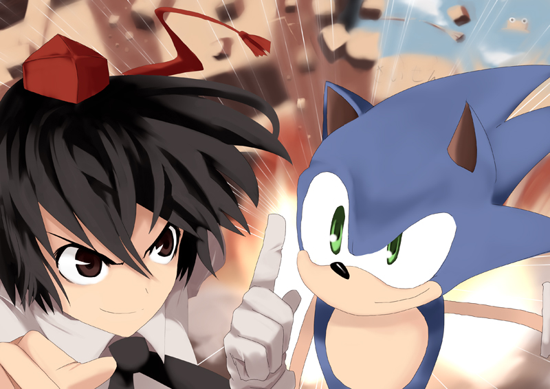 shameimaru aya, sonic the hedgehog, and pyonta (touhou and 1 more) drawn by mieharu