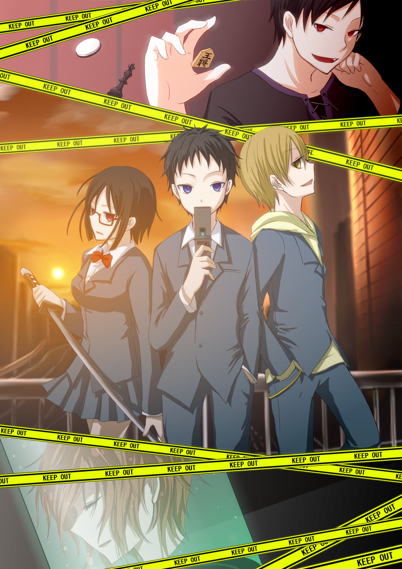 orihara izaya, sonohara anri, celty sturluson, ryuugamine mikado, and kida masaomi (durarara!!) drawn by shuu_(syuuuuuuuuuu)