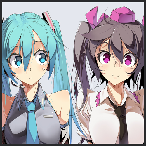 hatsune miku and himekaidou hatate (touhou and 1 more) drawn by kasuga_ayumu_(haruhipo)