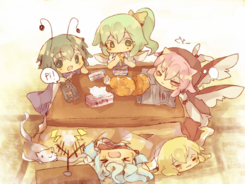 cirno, rumia, mystia lorelei, daiyousei, and wriggle nightbug (touhou) drawn by masirosu