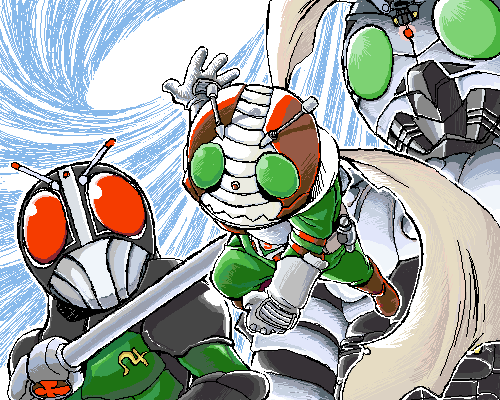 kamen rider black rx, kamen rider v3, and shadow moon (kamen rider and 3 more) drawn by sasaki_shin