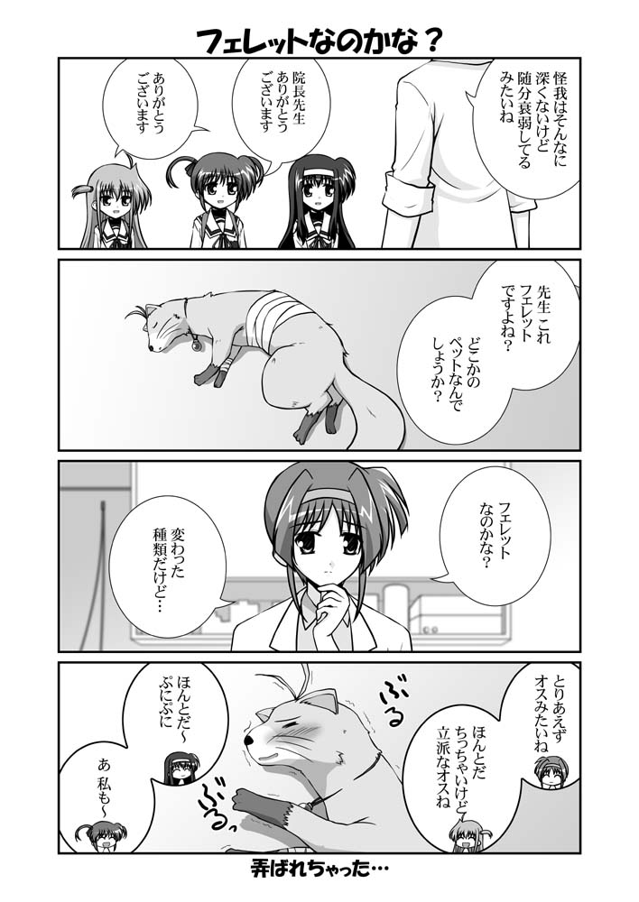 takamachi nanoha, raising heart, yuuno scrya, arisa bunnings, tsukimura suzuka, and 1 more (lyrical nanoha and 2 more) drawn by mikage_takashi