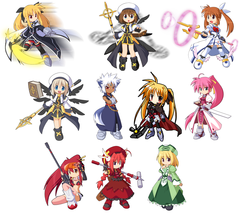 fate testarossa, takamachi nanoha, yoko littner, yagami hayate, raising heart, and 10 more (lyrical nanoha and 2 more)