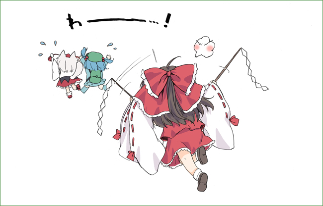 hakurei reimu, inubashiri momiji, and kawashiro nitori (touhou) drawn by kanda_aya
