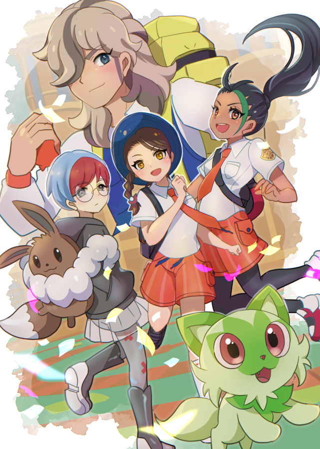eevee, juliana, sprigatito, nemona, arven, and 1 more (pokemon and 1 more) drawn by mizuiro123