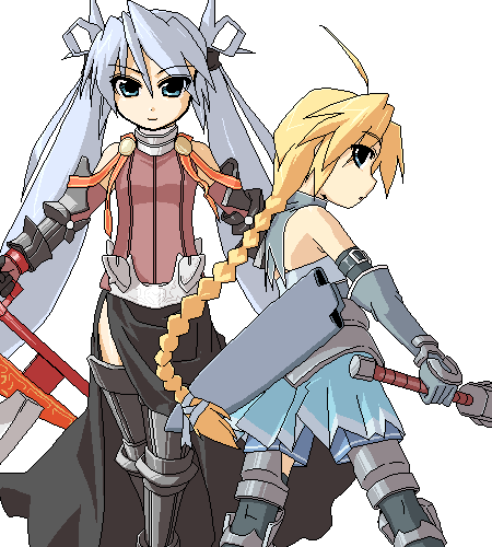girl with a blonde braid and mof's silver haired twintailed girl (original) drawn by katakata_un