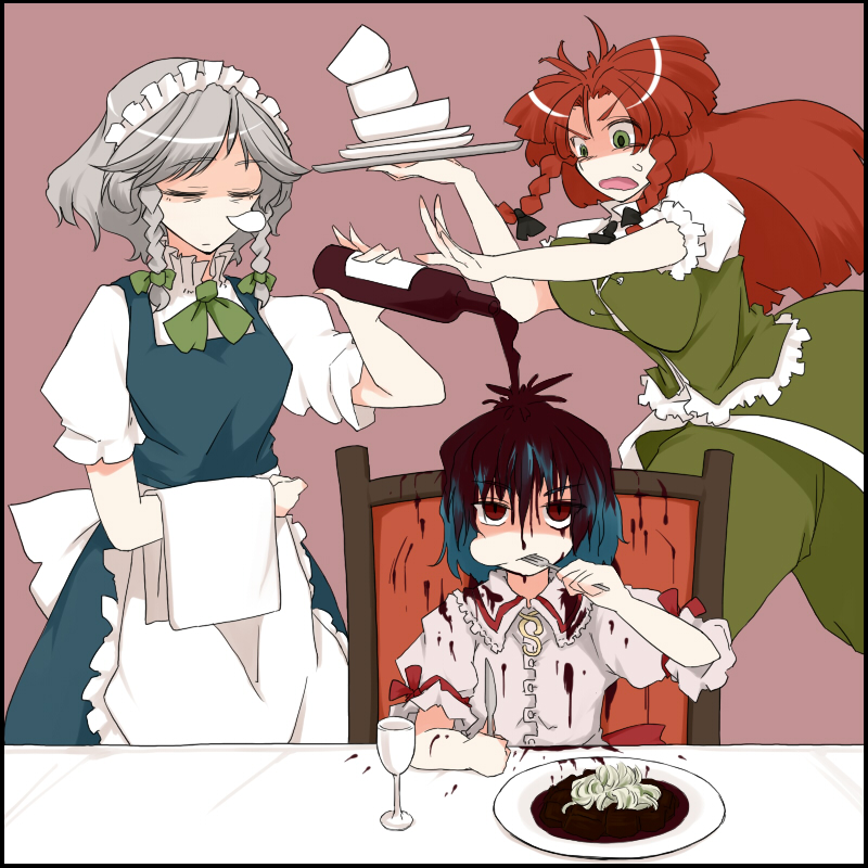 remilia scarlet, izayoi sakuya, and hong meiling (touhou) drawn by toriga_naku