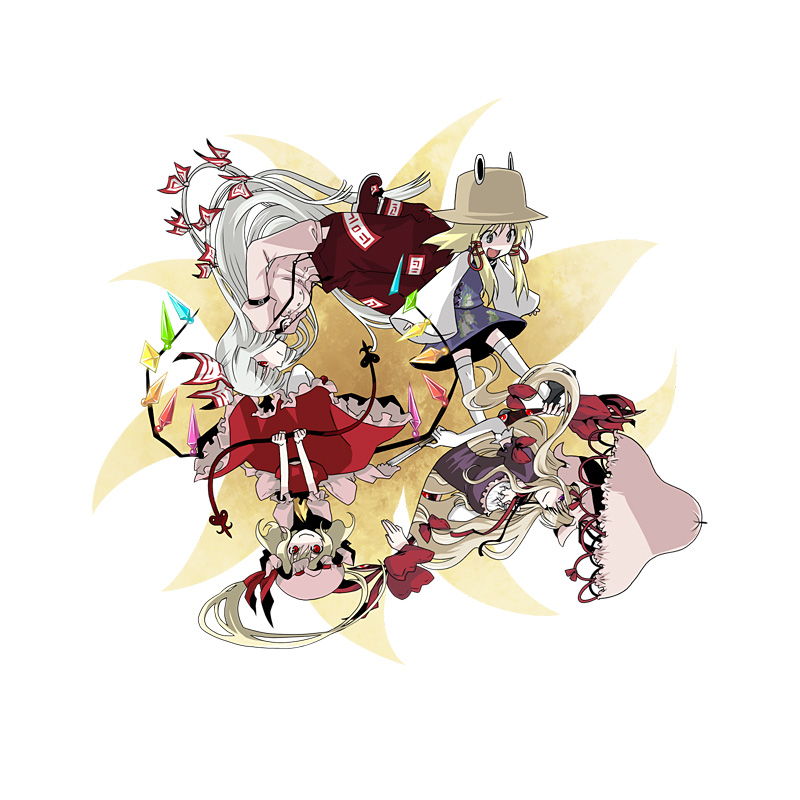 flandre scarlet, yakumo yukari, fujiwara no mokou, and moriya suwako (touhou) drawn by kintaro