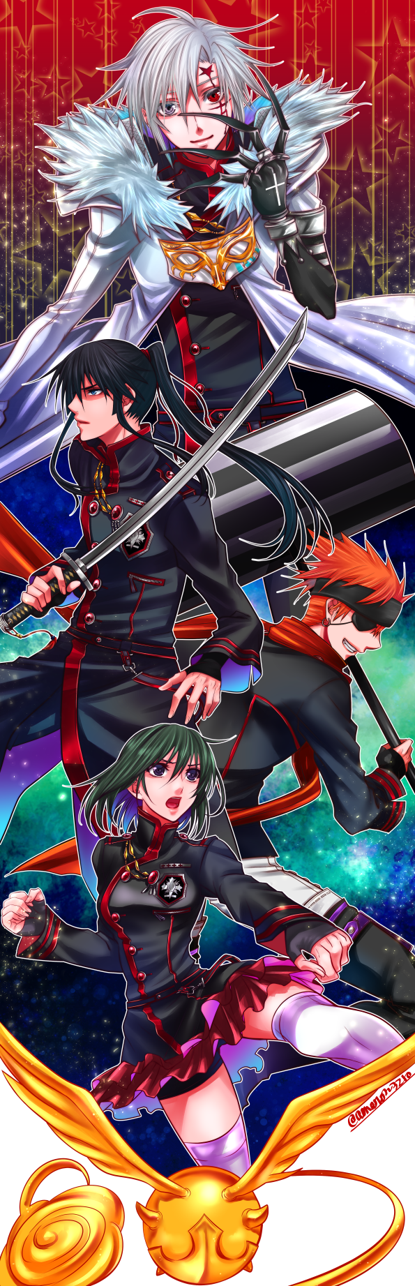 lenalee lee, allen walker, kanda yuu, lavi, and timcanpy (d.gray-man) drawn by ama_nocchi