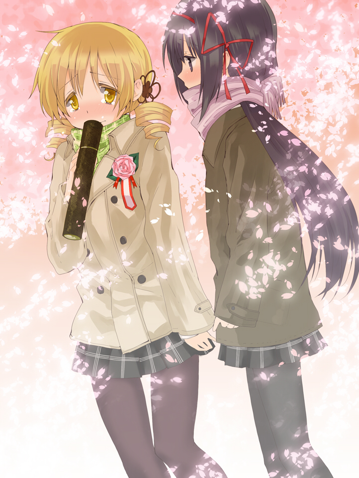 akemi homura and tomoe mami (mahou shoujo madoka magica) drawn by myama
