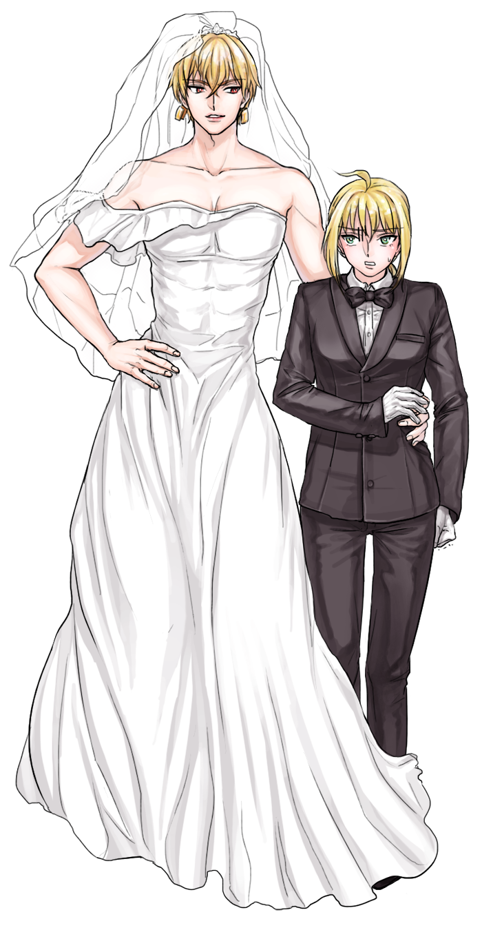 artoria pendragon, saber, and gilgamesh (fate and 1 more) drawn by saran