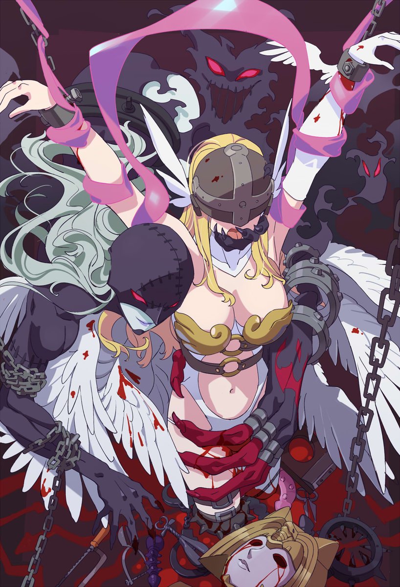 angewomon, ladydevimon, and nefertimon (digimon) drawn by futa_yuri_ryona