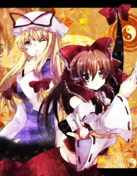 hakurei reimu and yakumo yukari (touhou) drawn by ichi_(bji) and kokoro_na