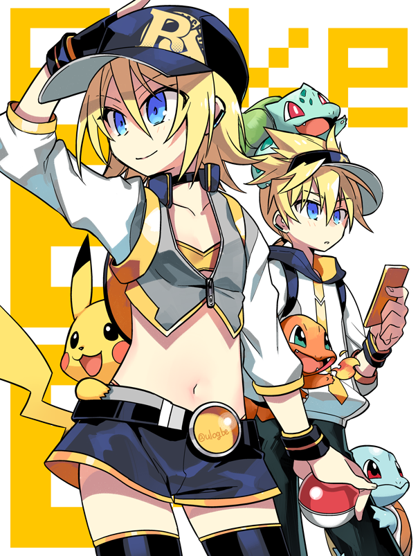 kagamine rin, kagamine len, pikachu, bulbasaur, squirtle, and 3 more (pokemon and 2 more) drawn by negi_(ulog'be)