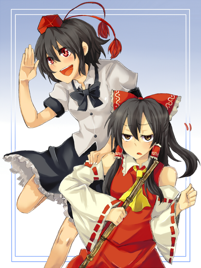 hakurei reimu and shameimaru aya (touhou) drawn by 147