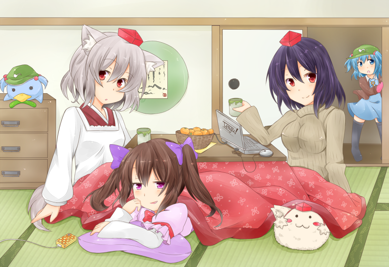 shameimaru aya, inubashiri momiji, kawashiro nitori, and himekaidou hatate (touhou) drawn by chiya58