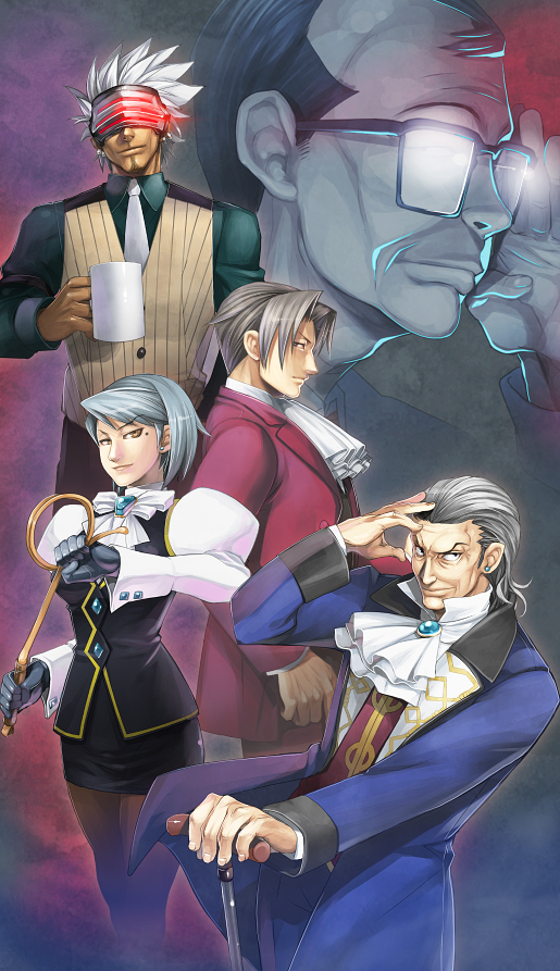 miles edgeworth, franziska von karma, godot, manfred von karma, and winston payne (ace attorney and 1 more) drawn by gimei
