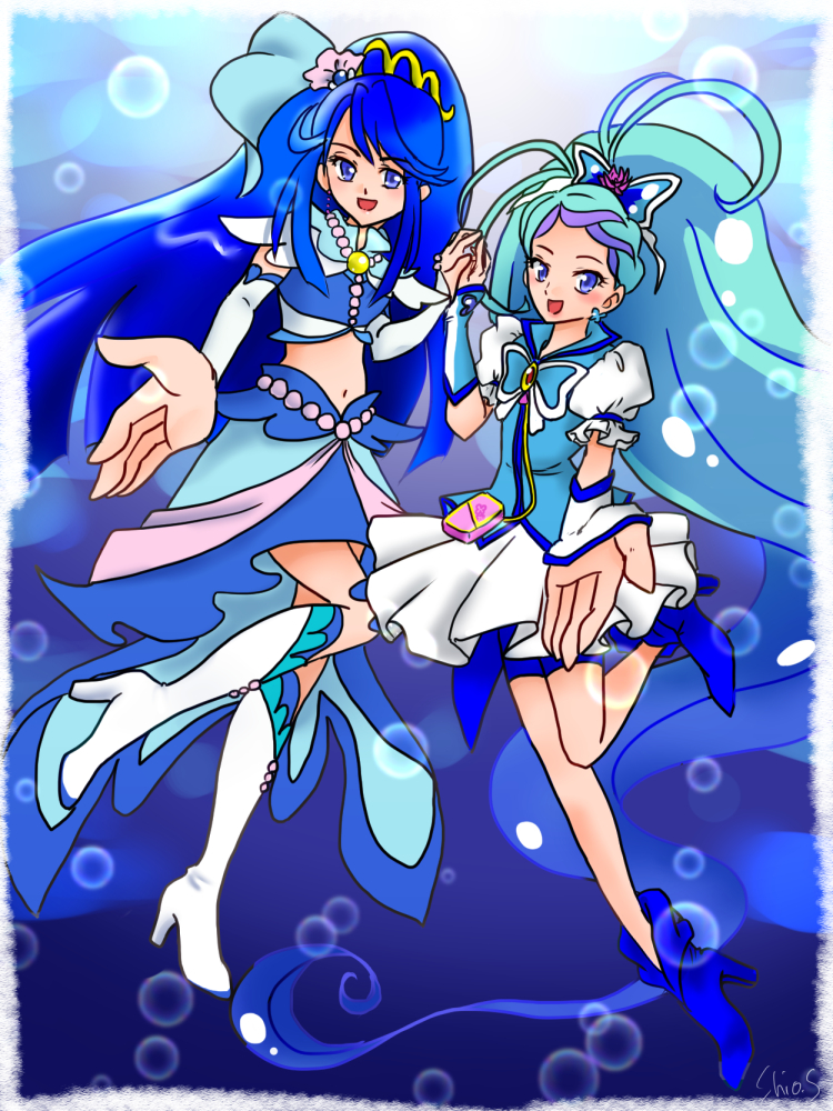 minazuki karen, kaidou minami, cure aqua, and cure mermaid (precure and 3 more) drawn by sakurashio_(coolmoon)
