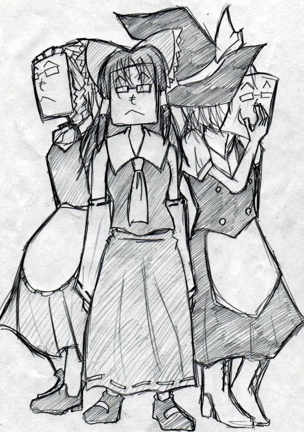 hakurei reimu, kirisame marisa, izayoi sakuya, nanashi, and giragira megane dan (touhou and 2 more) drawn by cozmix