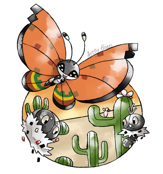 vivillon, spewpa, and scatterbug (pokemon) drawn by artsy-theo