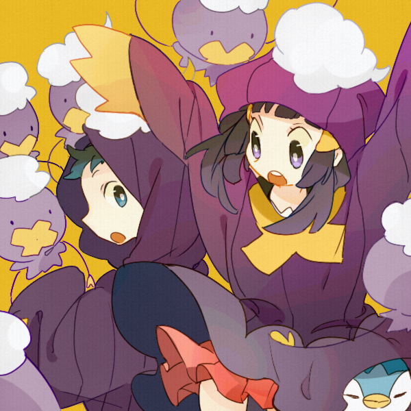 dawn, piplup, lucas, and drifloon (pokemon and 1 more) drawn by hagiko