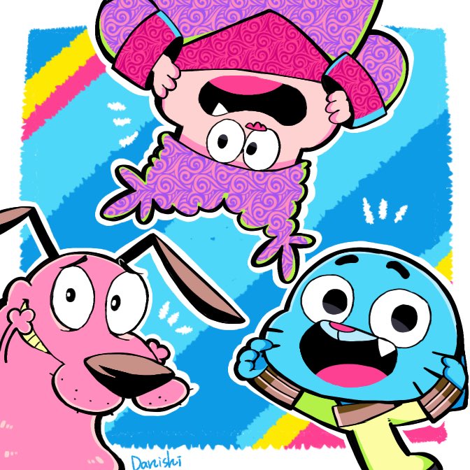 gumball watterson, courage, and chowder (the amazing world of gumball and 3 more) drawn by danishi