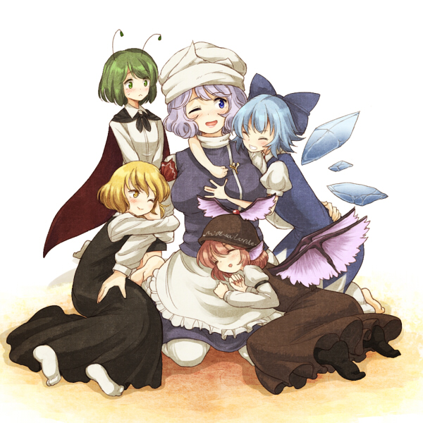 cirno, rumia, mystia lorelei, wriggle nightbug, and letty whiterock (touhou) drawn by urin