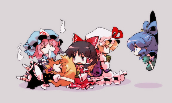 hakurei reimu, kirisame marisa, yakumo yukari, saigyouji yuyuko, and kaku seiga (touhou) drawn by mecco