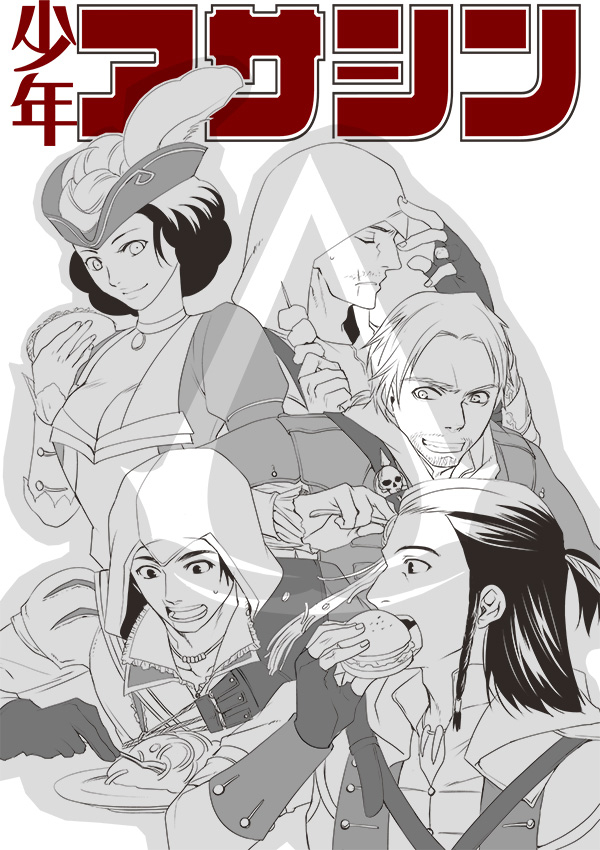 ezio auditore da firenze, altair ibn la-ahad, connor kenway, edward kenway, and aveline de grandpre (assassin's creed ii and 4 more) drawn by kurata_minoji
