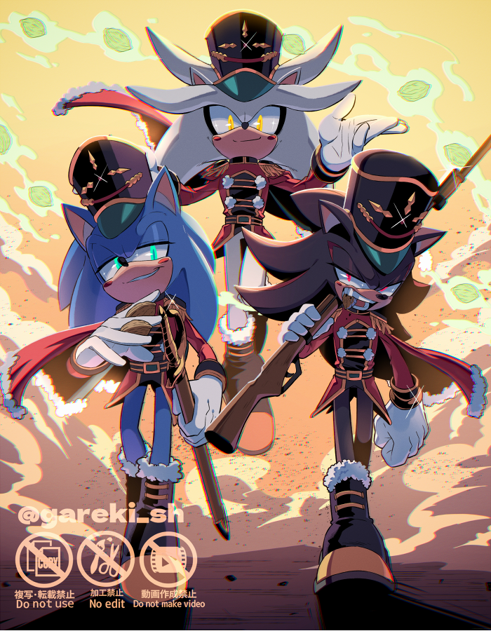 sonic the hedgehog, shadow the hedgehog, silver the hedgehog, and the nutcracker (sonic and 3 more) drawn by gareki_sh
