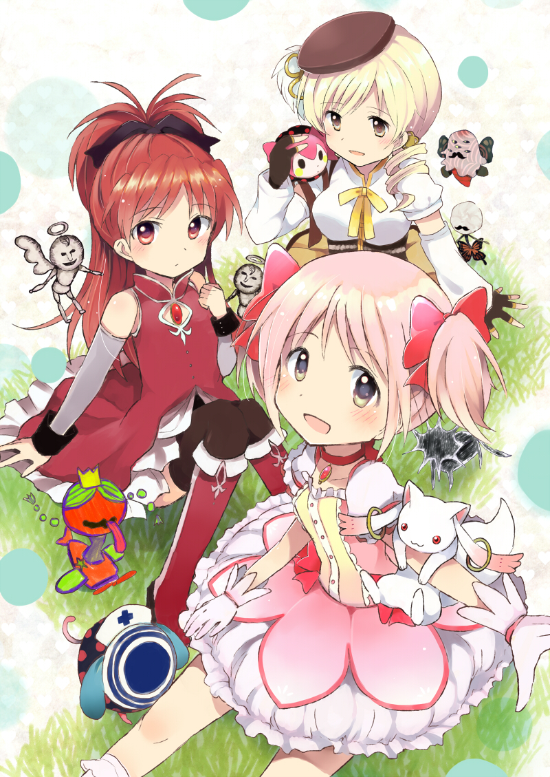 kaname madoka, sakura kyoko, tomoe mami, kyubey, charlotte, and 6 more (mahou shoujo madoka magica) drawn by gum_(vivid_garden)