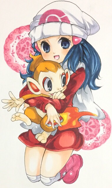 dawn and chimchar (pokemon and 2 more) drawn by soma_somari
