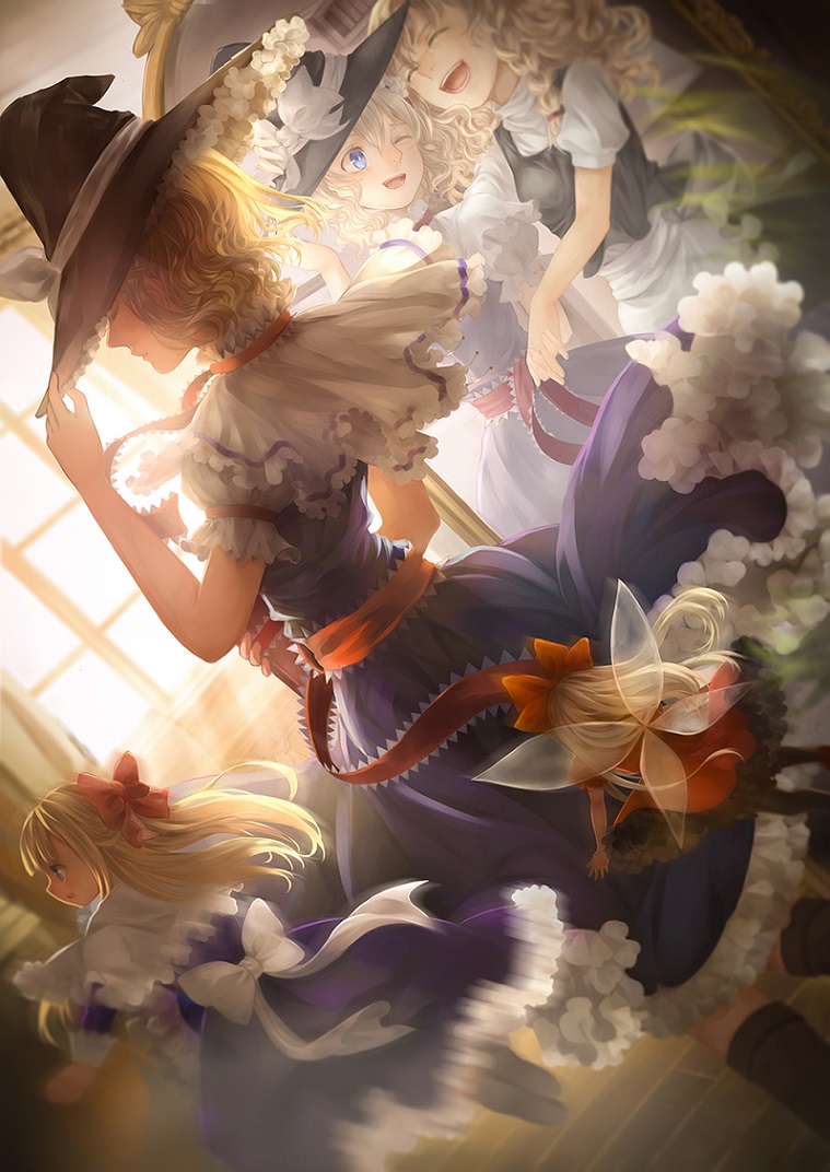 kirisame marisa, alice margatroid, shanghai doll, and hourai doll (touhou) drawn by jyuui