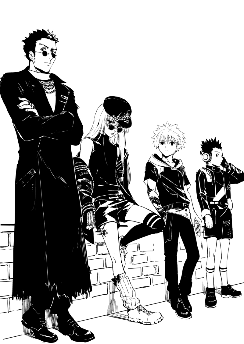 killua zoldyck, kurapika, gon freecss, and leorio paladiknight (hunter x hunter) drawn by karaori