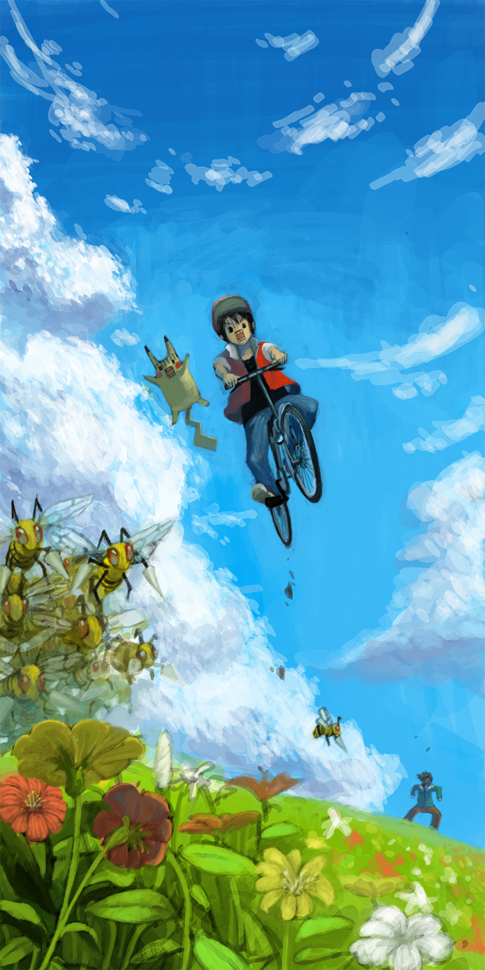 pikachu, red, blue oak, and beedrill (pokemon and 3 more) drawn by abe_(jump)