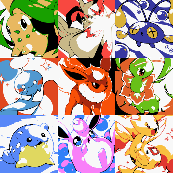 flareon, chikorita, meganium, wigglytuff, chinchou, and 4 more (pokemon) drawn by pinkgermy
