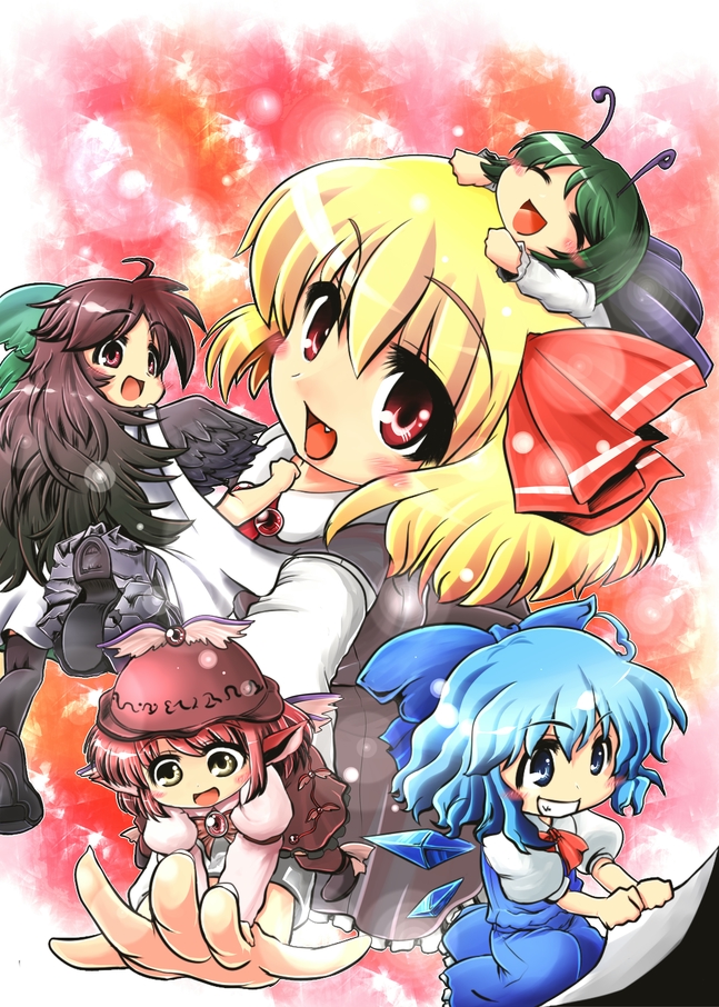cirno, rumia, reiuji utsuho, mystia lorelei, and wriggle nightbug (touhou) drawn by kato_(mogumoguokome)