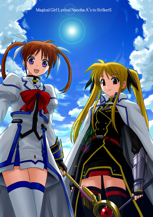 fate testarossa, takamachi nanoha, raising heart, and bardiche (lyrical nanoha and 1 more) drawn by sumeragi_seisuke