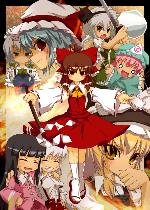 hakurei reimu, kirisame marisa, remilia scarlet, izayoi sakuya, konpaku youmu, and 3 more (touhou) drawn by noya_makoto