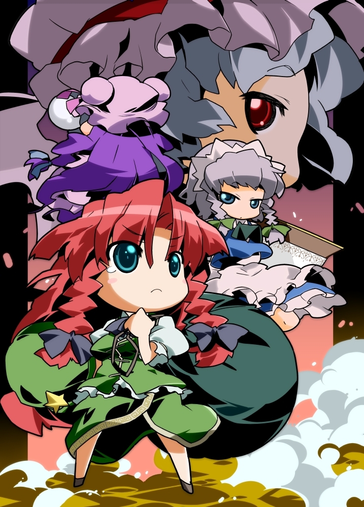 remilia scarlet, izayoi sakuya, patchouli knowledge, and hong meiling (touhou) drawn by nyuusankin