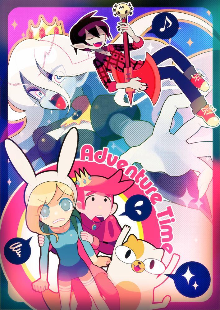 fionna campbell, ice queen, marshall lee, cake, and prince bubba gumball (adventure time) drawn by 0tk_(ma)