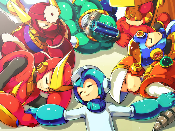 mega man, quick man, metal man, flash man, crash man, and 2 more (mega man and 1 more) drawn by zakki