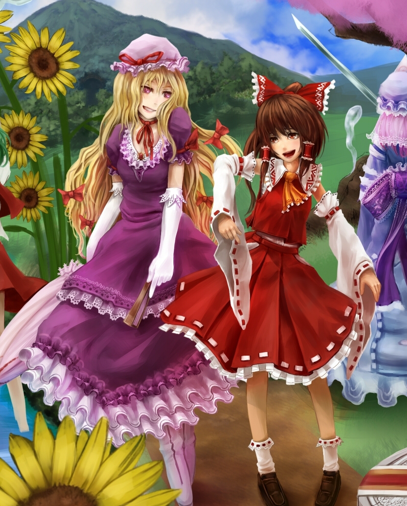 hakurei reimu, konpaku youmu, yakumo yukari, saigyouji yuyuko, and kazami yuuka (touhou) drawn by modama