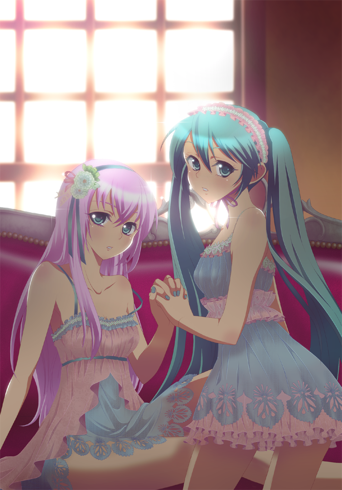 hatsune miku and megurine luka (vocaloid) drawn by yunca