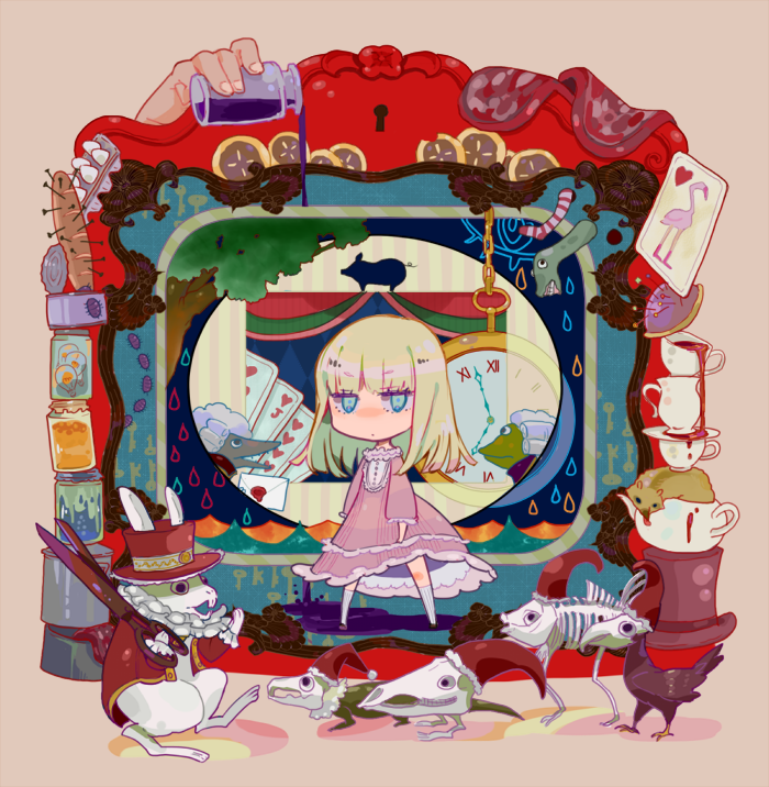 alice, white rabbit, dormouse, frog footman, and fish footman (alice's adventures in wonderland and 1 more) drawn by rakuchii_(rurituvo)