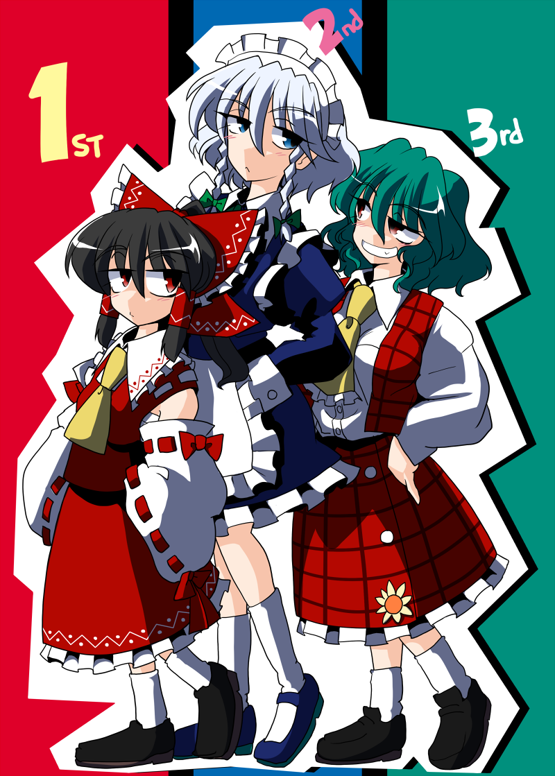 hakurei reimu, izayoi sakuya, and kazami yuuka (touhou) drawn by kieyza